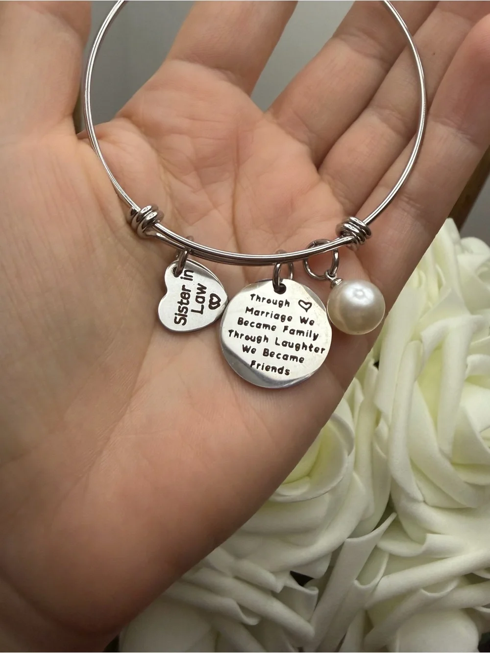 Silver Charm Bangle Bracelet with Pearl - Sister Love